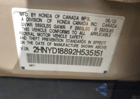 2002 Acura Mdx z USA, uszkodzony, nr VIN 2HNYD18892H535151